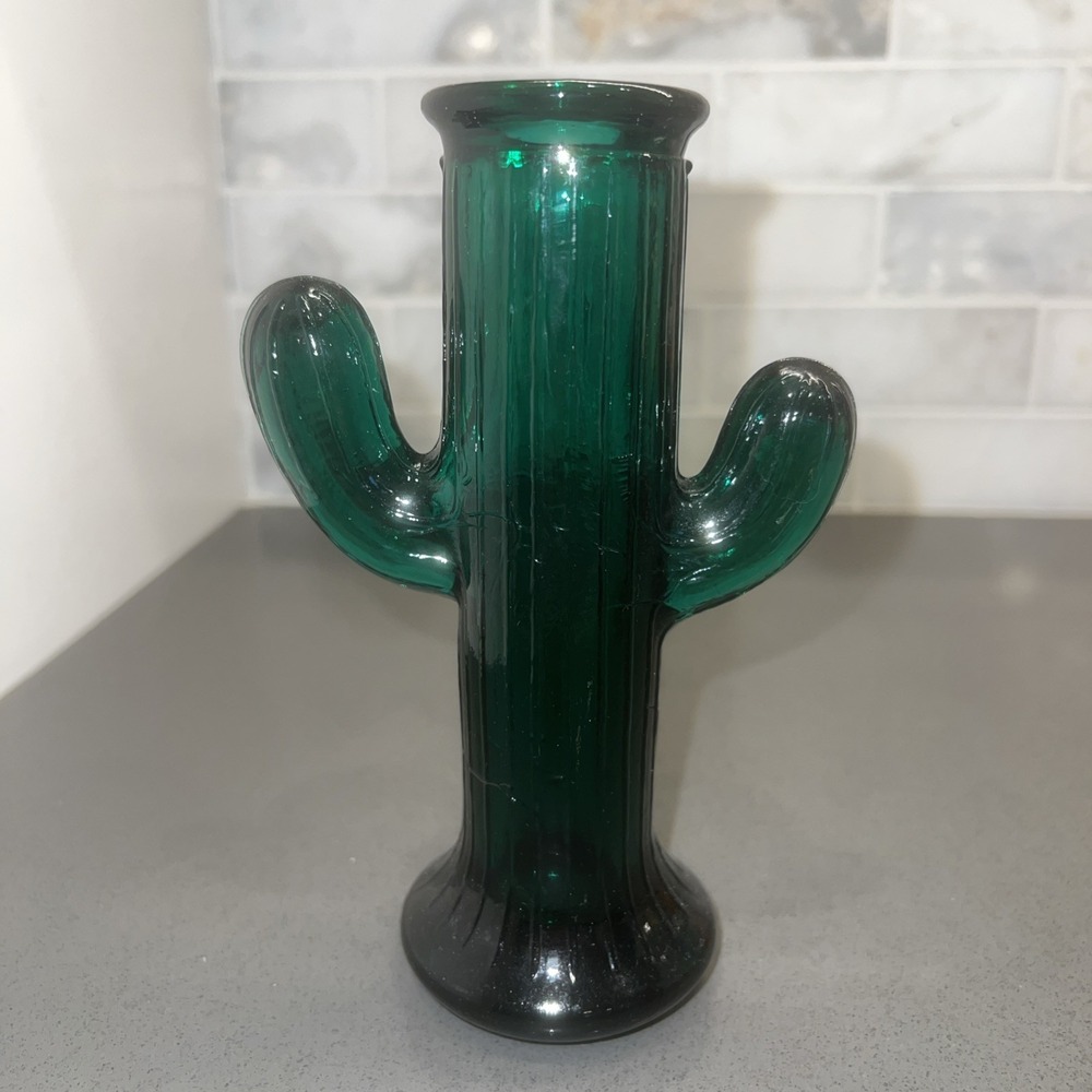 Vintage Retro Cactus Candle Holder Glass Green 6.5 inches